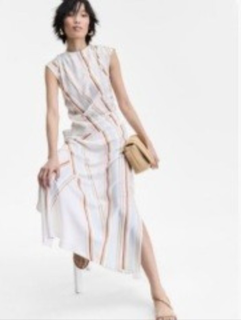 INC Creme Satin Sleeveless Striped Top & Midi Skirt Set Size S